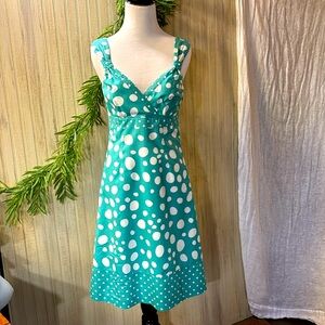 Boden Cotton Polka Dot Dress, US sz 2, Fully Lined, Side Zipper, white aqua, EUC
